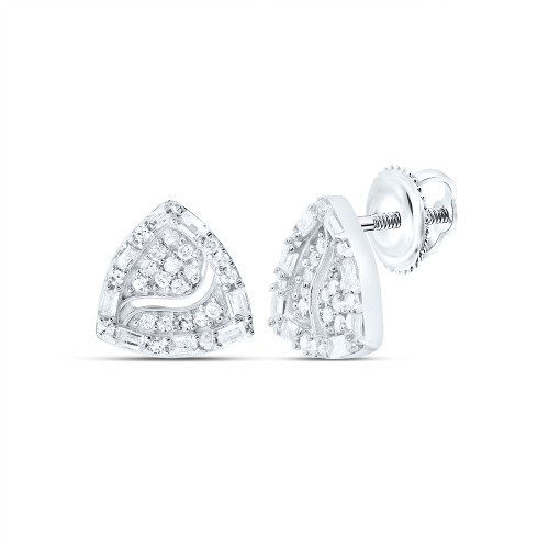 925 Sterling Silver Baguette Diamond 8mm Fancy Trillion Stud Earrings 1/4 Ct