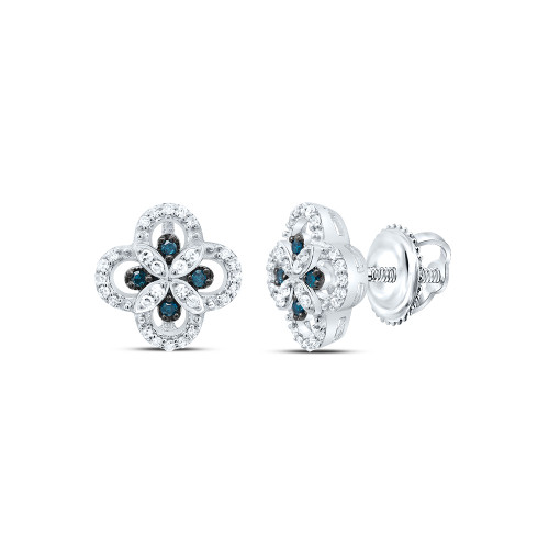 10K White Gold Blue Diamond Women's Floral 4 Leaf Clover Stud Earrings 1/5 CT