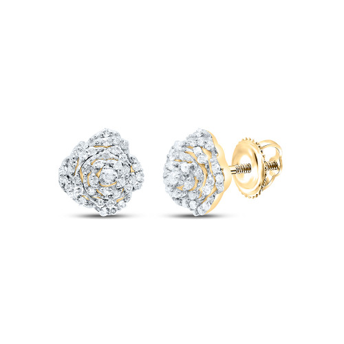 10K Yellow Gold Genuine Diamond Women's 7mm Flower Rose Stud Earrings 1/5 CT