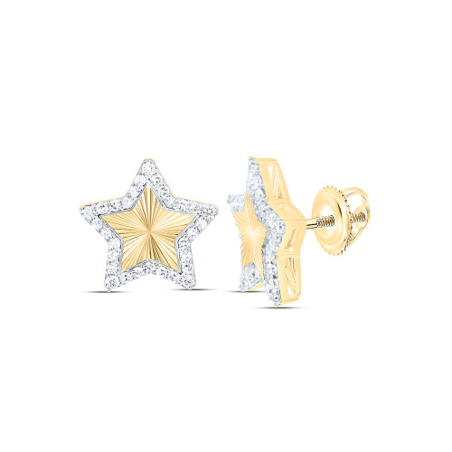 10K Yellow Gold Real Diamond Unisex Textured Starburst Star Stud Earrings 1/4 CT