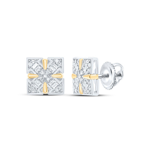 925 Sterling Silver Two Tone Diamond Cross & Arrows Square Stud Earrings 1/6 CT