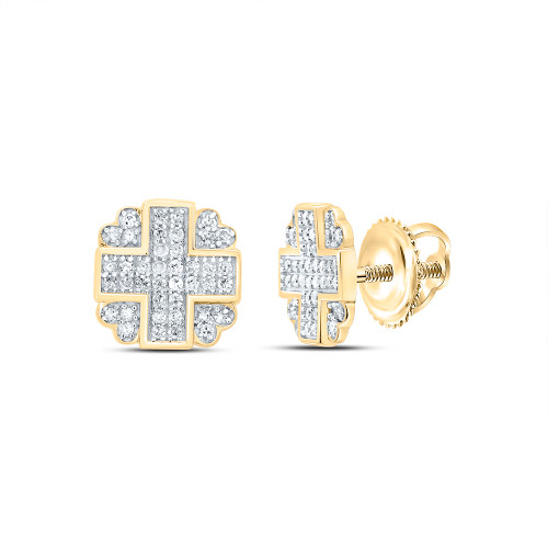 925 Silver Yellow Gold Plated Diamond Cross & Heart Octagon Stud Earrings 1/3 CT