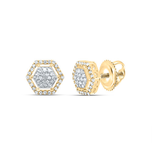 10K Yellow Gold Genuine Diamond 11mm Cluster Halo Hexagon Stud Earrings 1/3 CT