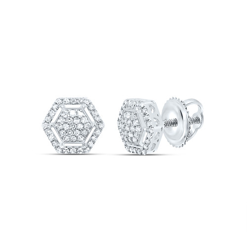 10K White Gold Genuine Diamond 11mm Cluster Halo Hexagon Stud Earrings 1/3 CT