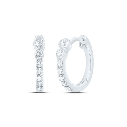 10K White Gold Real Diamond Women's 2.45mm Graduated Round Hoop Earrings 1/10 CT