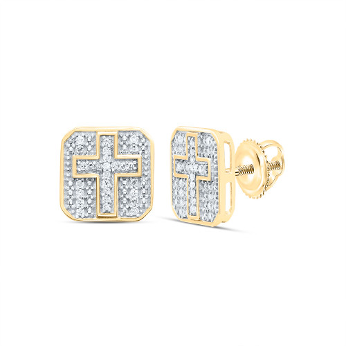 925 Silver Yellow Gold Plated Real Diamond Cross in Octagon Stud Earrings 1/8 CT
