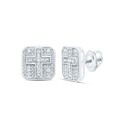 925 Sterling Silver Genuine Diamond 10mm Cross in Octagon Stud Earrings 1/8 CT