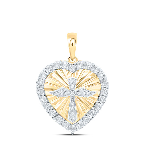 925 Silver Gold Plated Diamond Cross w/ Wings in Starburst Heart Pendant 1/6 CT