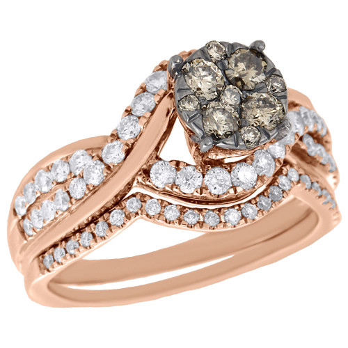 set da sposa con anello di fidanzamento bypass in oro rosa 14k con diamanti marroni, fede nuziale da 1 ct.