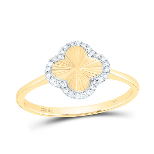 10K Yellow Gold Real Diamond Women's Textured Band 4 Leaf Clover Ring 1/10 CT