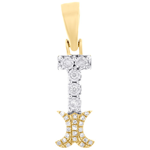 10K Yellow Gold Real Diamond Flared Block Font Letter I Initial Pendant 0.09 CT