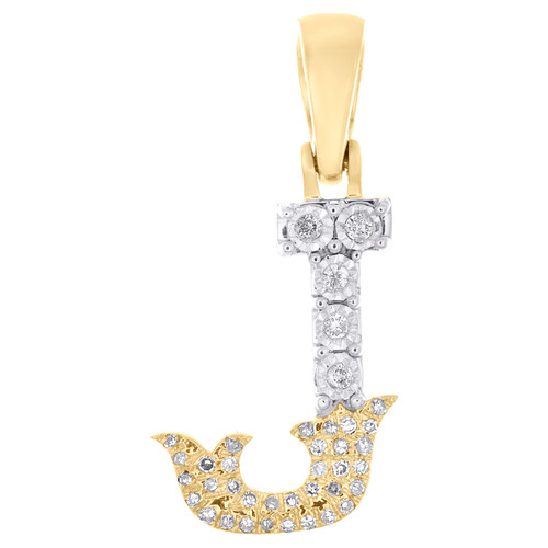 10K Yellow Gold Real Diamond Flared Block Font Letter J Initial Pendant 0.11 CT