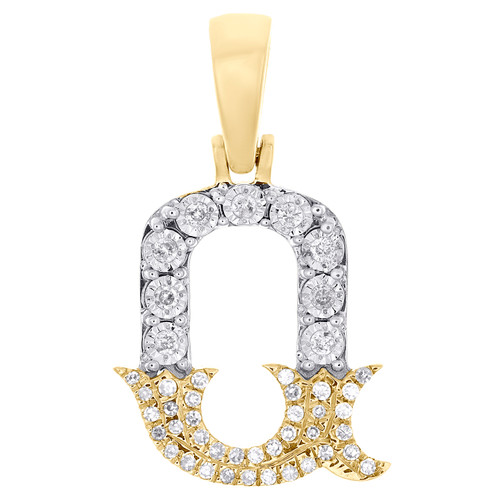 10K Yellow Gold Real Diamond Flared Block Font Letter Q Initial Pendant 0.14 CT