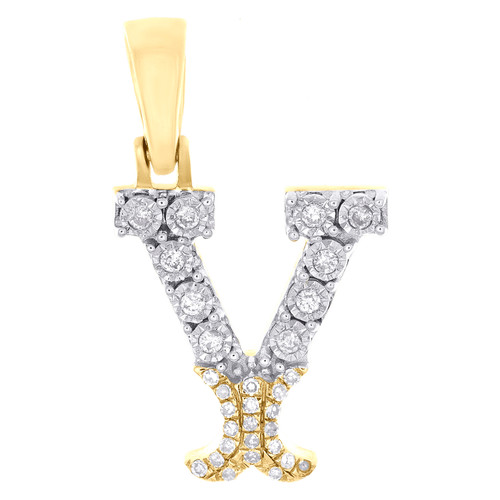 10K Yellow Gold Real Diamond Flared Block Font Letter Y Initial Pendant 0.13 CT