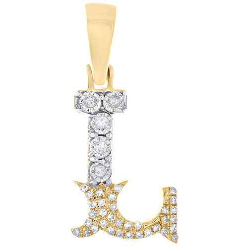 10K Yellow Gold Real Diamond Flared Block Font Letter L Initial Pendant 0.11 CT