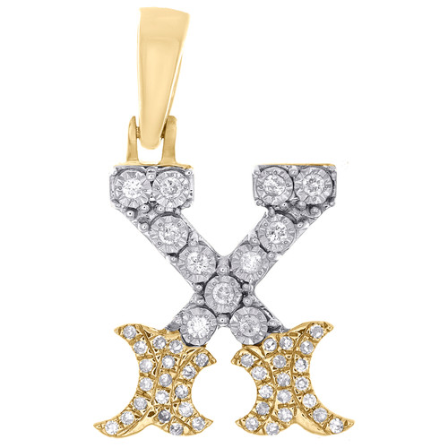 10K Yellow Gold Real Diamond Flared Block Font Letter X Initial Pendant 0.17 CT