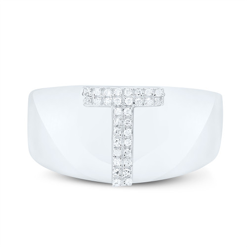 Sterling Silver Genuine Diamond Men's Block Letter T Initial Pinky Ring 1/10 CT