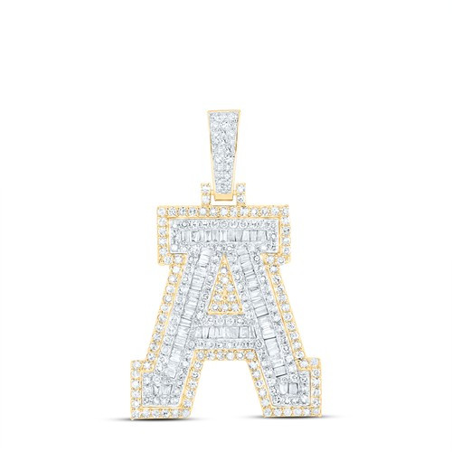 10K Yellow Gold Real Baguette Diamond Iced Out Letter A Initial Pendant 1.20 CT