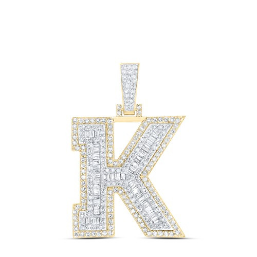 10K Yellow Gold Real Baguette Diamond Iced Out Letter K Initial Pendant 1.20 CT