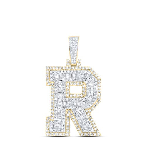 10K Yellow Gold Real Baguette Diamond Iced Out Letter R Initial Pendant 1.33 CT