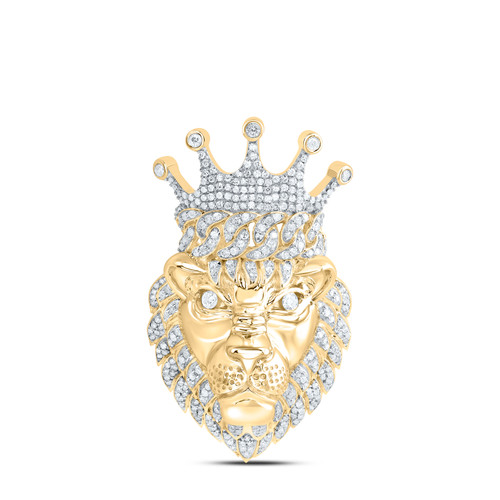 .925 Yellow Gold Plated Real Diamond Cuban Link Crown Lion Face Pendant 1.88 CT