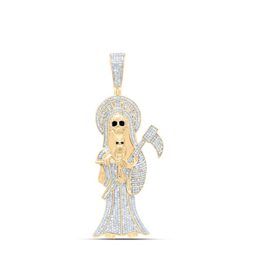 10K  Yellow Gold Genuine Diamond Grim Reaper Santa Muerte w/ Owl Pendant 1.88 CT