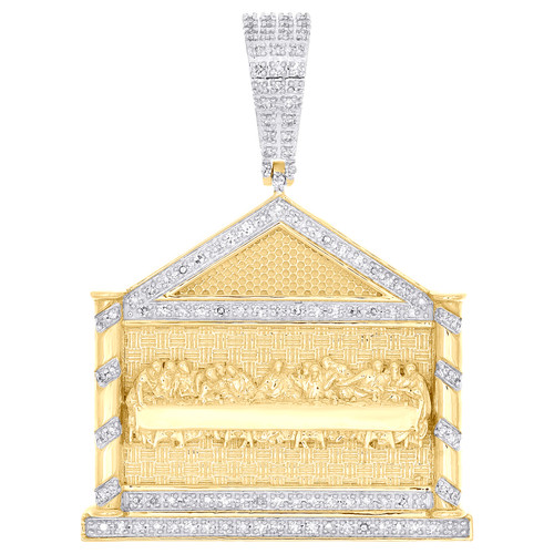10K Yellow Gold Natural Diamond Roman House Frame Last Supper Pendant 1/2 CT