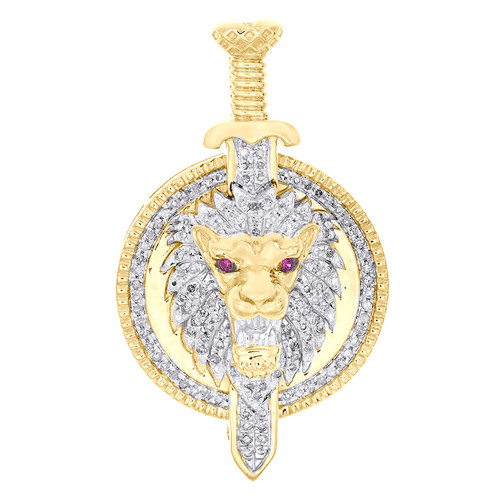 10K Yellow Gold Red Diamond Fluted Medallion Roaring Lion & Sword Pendant 1/3 CT