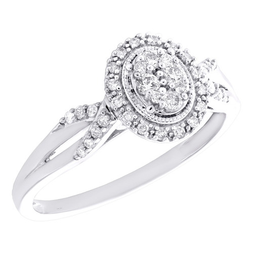 10K White Gold Natural Diamond Crisscross Milgrain Halo Oval Promise Ring 1/4 CT
