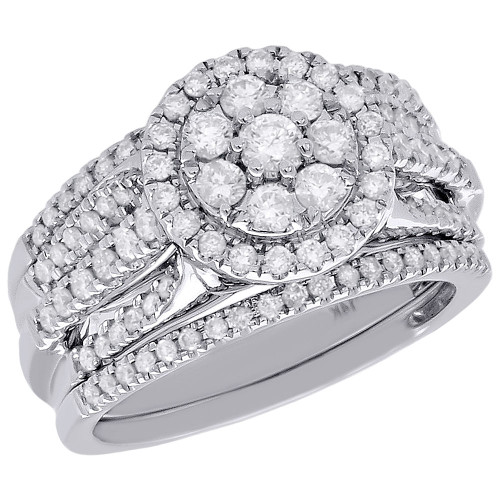 14K White Gold Round Diamond Halo Wedding Ring 3 Piece Cluster Bridal Set 1 ct.