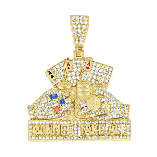 Yellow Gold Plated Moissanite Enameled Triple Aces WINNER TAKE ALL Pendant 3 CT