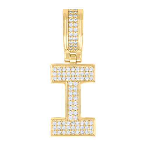 925 Yellow Gold Plated Moissanite Block Letter Cluster I Initial Pendant 0.50 CT