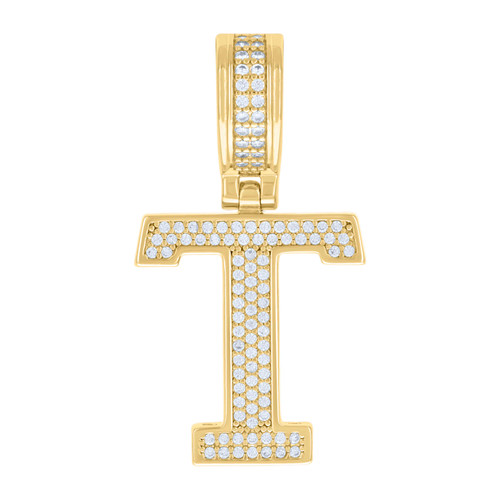 925 Yellow Gold Plated Moissanite Block Letter Cluster T Initial Pendant 0.46 CT