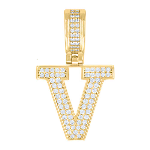 925 Yellow Gold Plated Moissanite Block Letter Cluster V Initial Pendant 0.60 CT