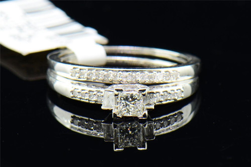 Ladies 10K White Gold Princess Diamond Engagement Ring Bridal Set 0.45 Ct.