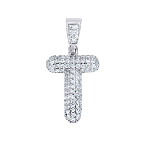 Sterling Silver Moissanite Cluster Bubble Font Letter T Initial Pendant 0.72 CT