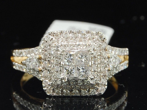 Diamond Halo Engagement Ring Princess Round Cut 14K Yellow Gold 3/4 Ct