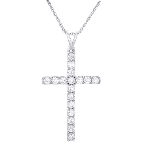 925 Sterling Silver Lab Grown Diamond Women's Prong Cross 18" Necklace 1 CT