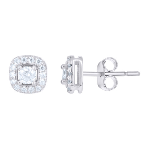 Sterling Silver Solitaire Moissanite 7mm Cushion Halo Square Stud Earring 2/5 CT
