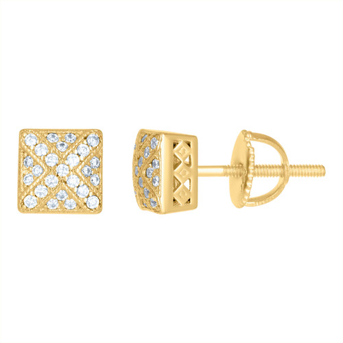Yellow Gold Plated Moissanite 6mm Domed Textured 'X' Square Stud Earrings 1/5 CT