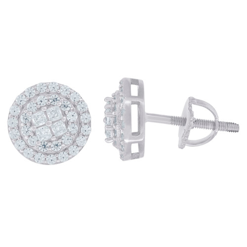 Sterling Silver Quad Princess Moissanite 9.5mm Halo Round Stud Earrings 3/4 CT