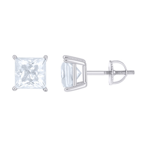Sterling Silver Solitaire Moissanite 7mm Basket Princess Stud Earrings 2.42 TCW