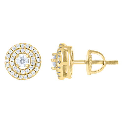 Yellow Gold Plated Moissanite 8mm Double Halo Floating Round Stud Earring 2/5 CT