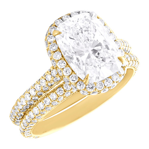 14K Yellow Gold Lab Created Solitaire Diamond Cushion 3D Halo Bridal Set 4.79 CT