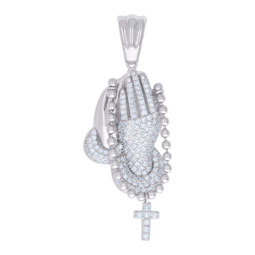 Sterling Silver Moissanite Religious Charm Praying Hand Rosary Pendant 1.14 CT