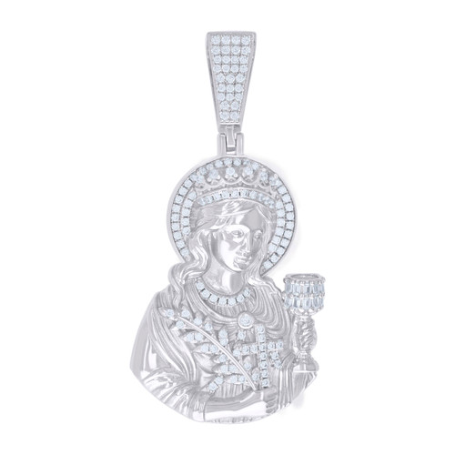 925 Sterling Silver Baguette Moissanite Saint Charm St. Barbara Pendant 1.68 CT