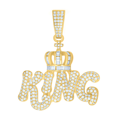 Yellow Gold Plated Baguette Moissanite Royal Crown Bubble Font KING Pendant 3 CT