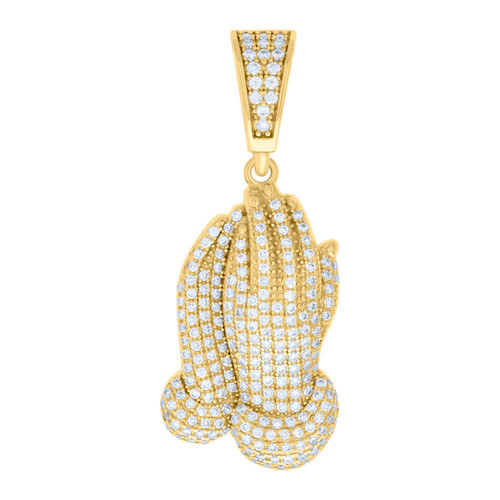 925 Yellow Gold Plated Moissanite Iced Out Charm Praying Hands Pendant 1.34 CT