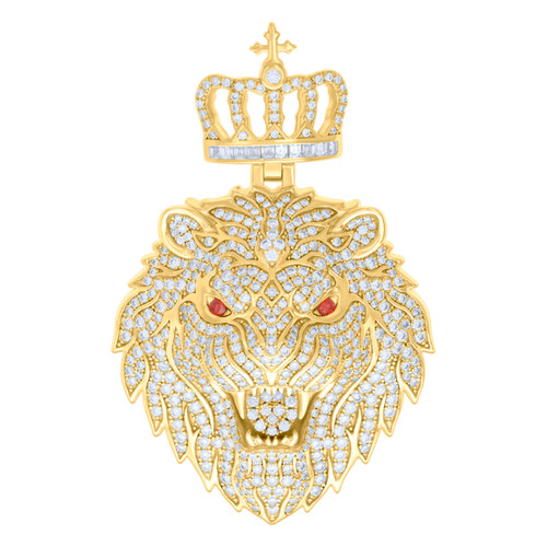 Yellow Gold Plated Red Moissanite Leo Zodiac Charm Crown Lion Head Pendant 5 CT