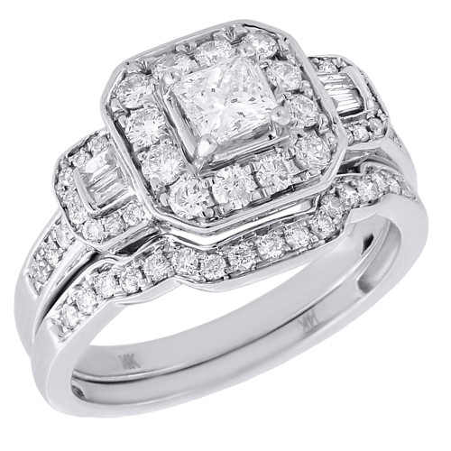 Diamond Solitaire Princess Cut Engagement Ring White Gold Bridal Set 0.91 Tcw.